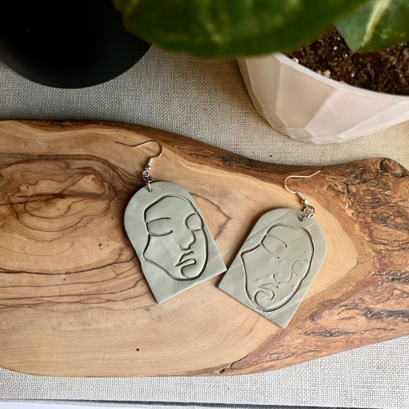 Handmade Clay Earrings | Face Outline Statue | Light Forest Green | Hook Backs - Picture 3 of 7